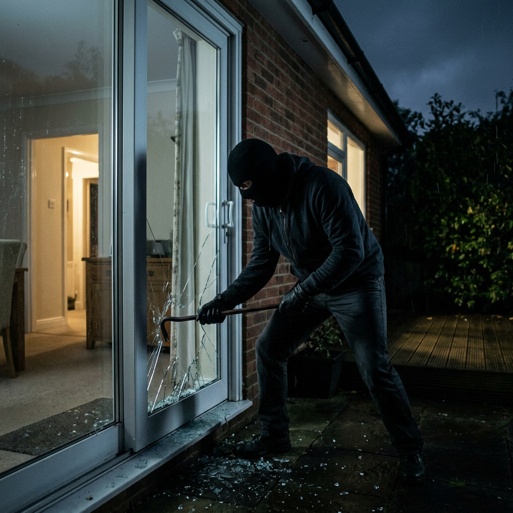 Masked person breaking glass sliding door with crowbar at night